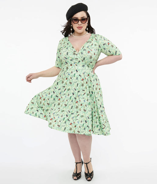 Dolly Dotty 1950s Mint Green Nothing But Bugs Print Matilda Wrap Dress