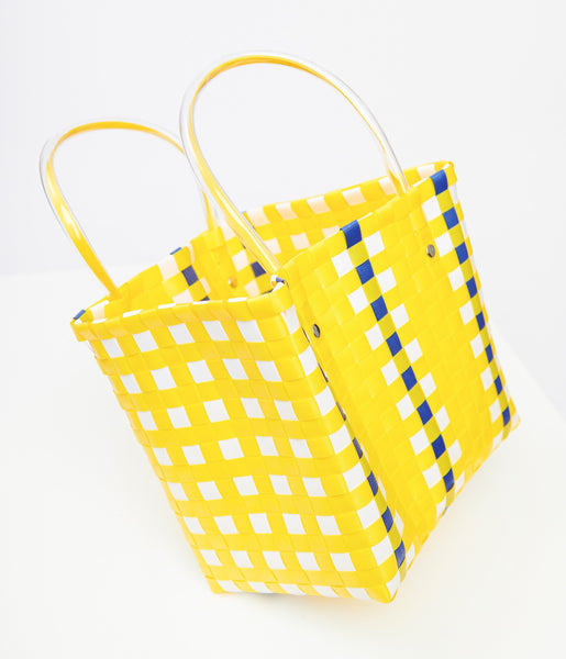 1970s Yellow & Blue Woven Basket Bag