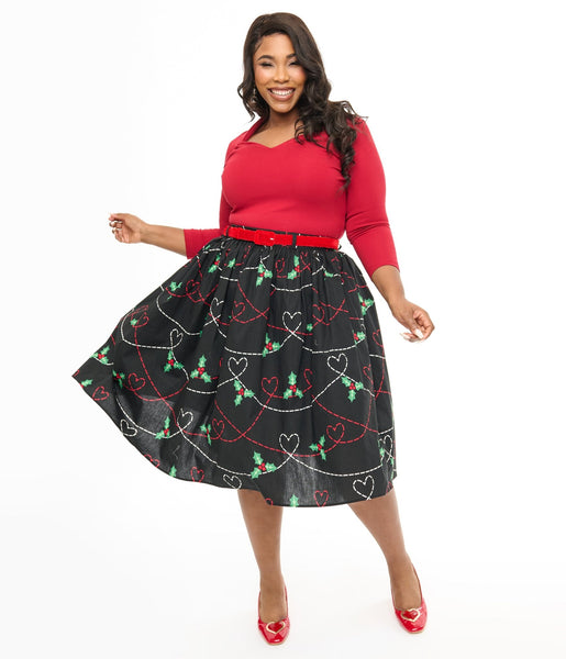 Hell Bunny Plus Size 1950s Festive Hearts Holly Print Angelica Swing Unique Vintage