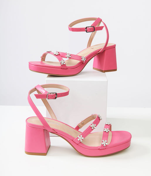 Pink Leatherette & Rhinestone Floral Platform Heels – Unique Vintage