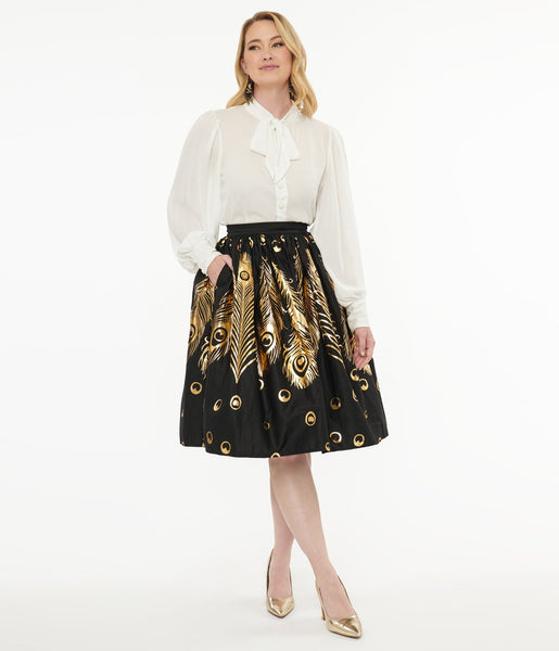 Unique Vintage 1950s Black Gold Foil Feather Gellar Swing Skirt