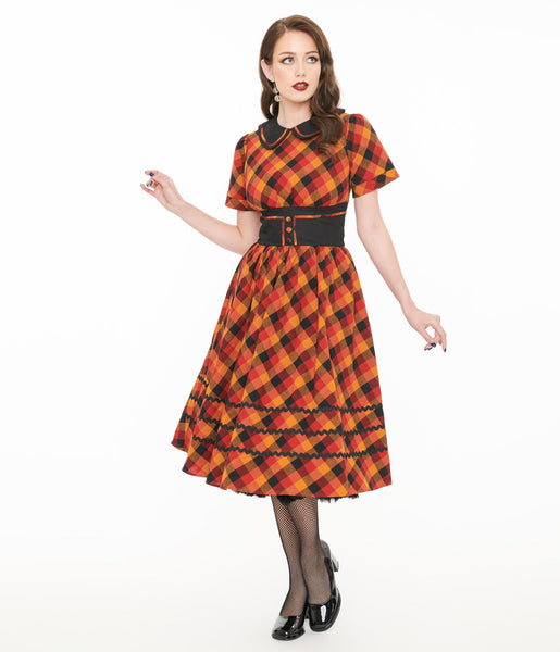 Unique Vintage 1950s Orange Red Plaid Peter Pan Collar Swing Dress