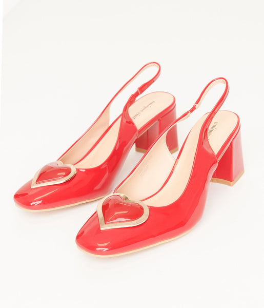 Vintage shops 60s 70s tomato red slingback shoes Block heel red leather sling backs