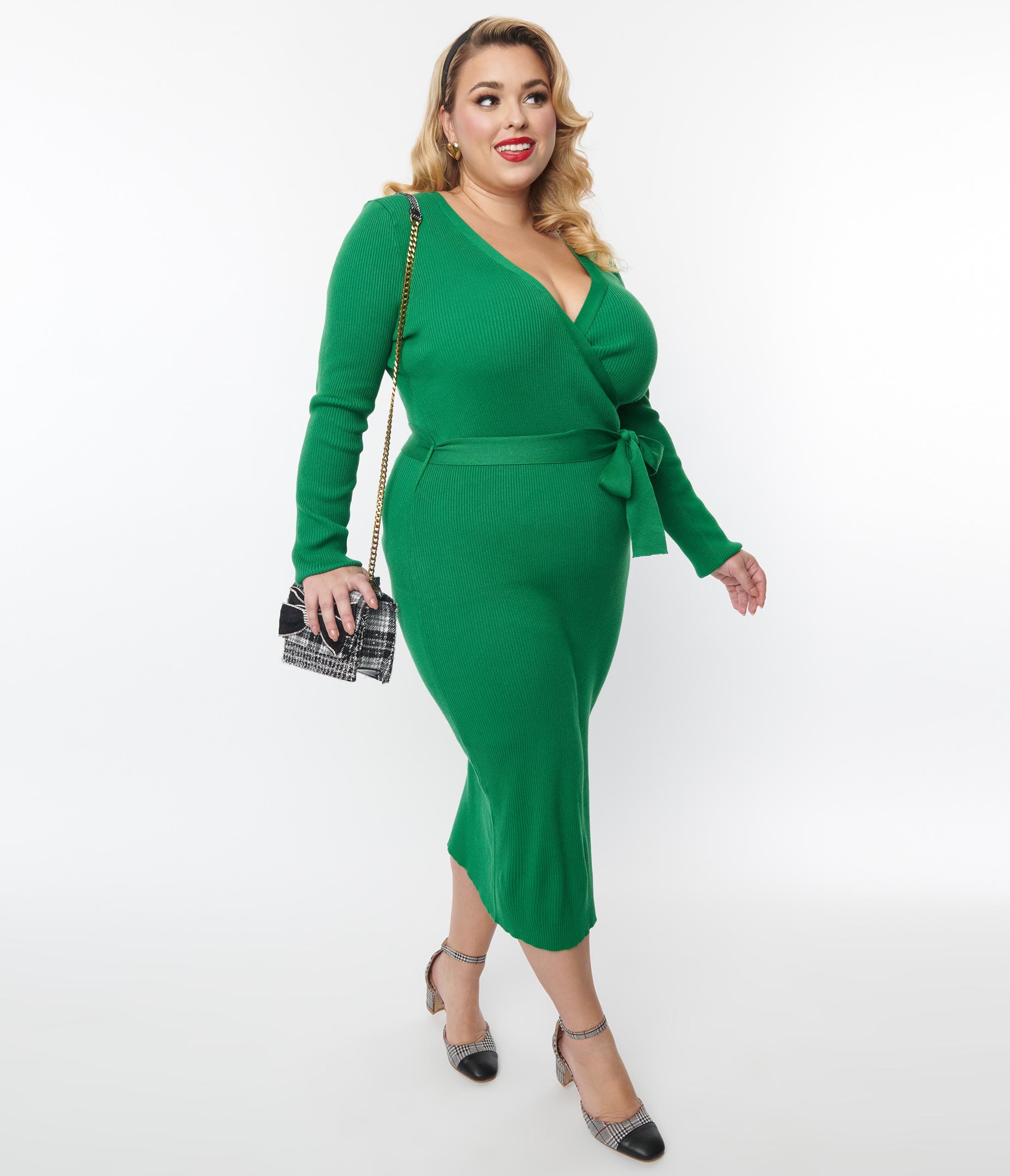 Plus Size Green Ribbed Sweater Pencil Midi Dress – Unique Vintage