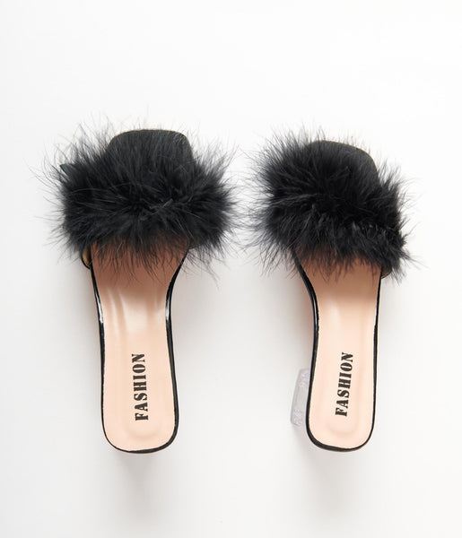 Black Marabou Feather Slipper Heels Unique Vintage