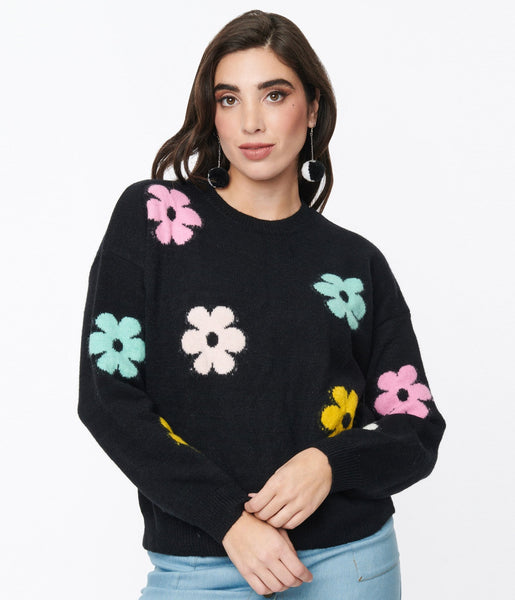 Black & Multicolor Floral Knit Sweater – Unique Vintage