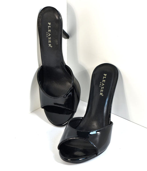 Black Patent Leatherette Peep Toe Slip On Heels Unique Vintage