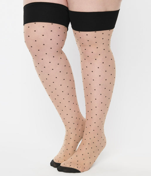 Designer Vintage Style Retro Polka Dot Stockings in Champagne With Black  Seams and Point Heels 