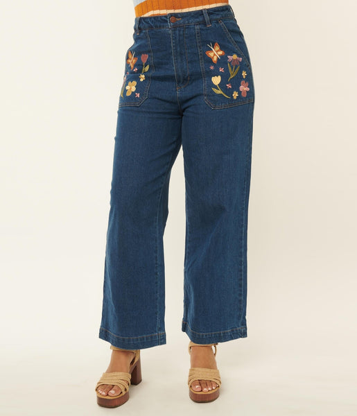 Unique Vintage Blue Denim Sun Embroidered Jeans | Size Small