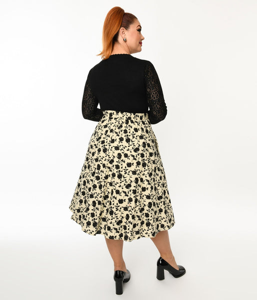 Unique Vintage Cream u0026 Black Floral Swing Skirt | Size Large