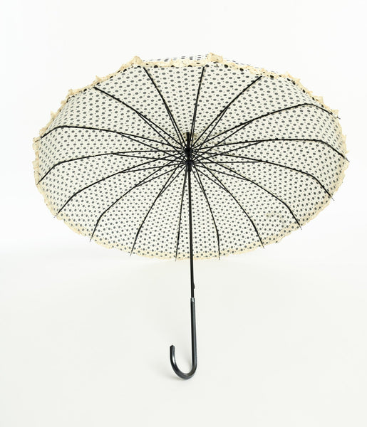 Cream & Black Sparkle Dot Frilled Pagoda Umbrella