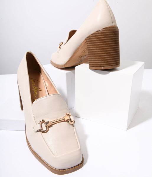 Cream Leatherette Block Heel Loafers