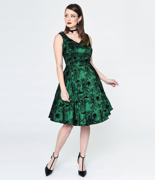 Emerald Green Black Peacock Deco Print Eileen Flare Dress