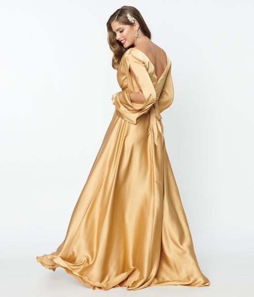 Plus Size Gold Satin Long Sleeve Goddess Gown – Unique Vintage