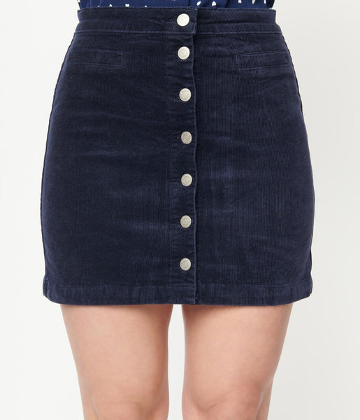 Navy Corduroy Button Up Mini Skirt Unique Vintage