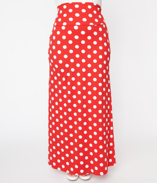 red and white polka dot maxi skirt