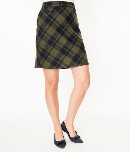 Navy and green outlet plaid pencil skirt