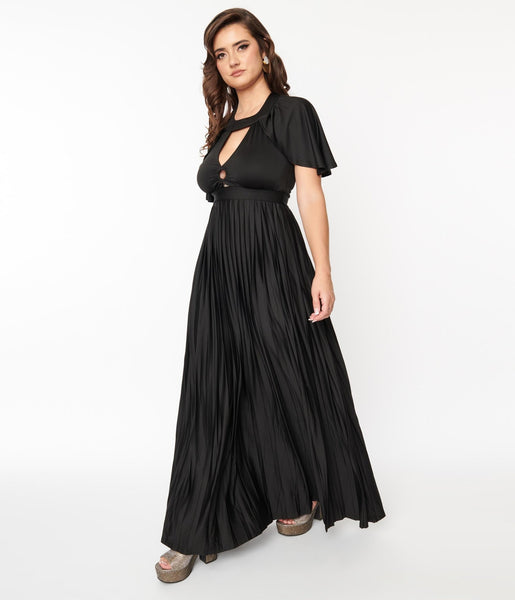 Retro & Vintage Smak Parlour Black Pleated Cape Maxi Dress