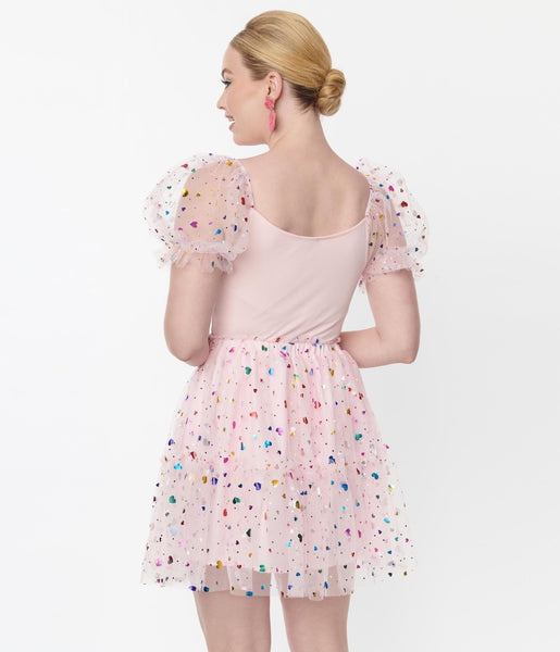 Smak Parlour Pink Confetti Heart Tulle Mini Skirt | Size Xsmall/2