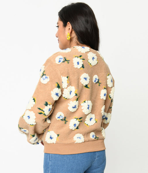 Tan 3D White Floral Cardigan Unique Vintage