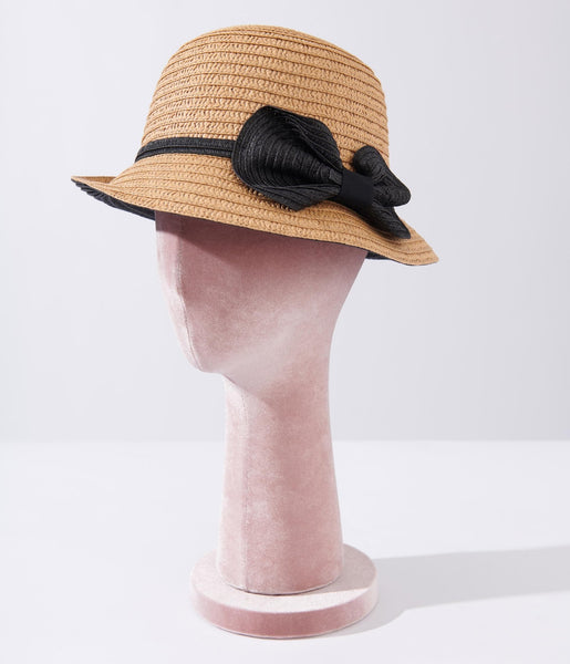 1920s Tan & Black Ribbon Woven Cloche Hat