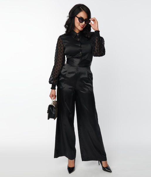 Unique Vintage Black Satin High Waist Pants