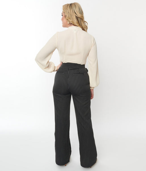 Vintage 80s Suspender Trousers/ 1980s Pinstriped Wide Leg