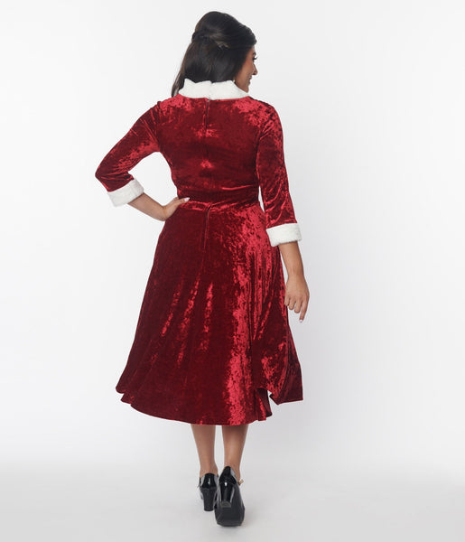 Unique Vintage Red Crushed Velvet & Ivory Fur Delores Swing Dress