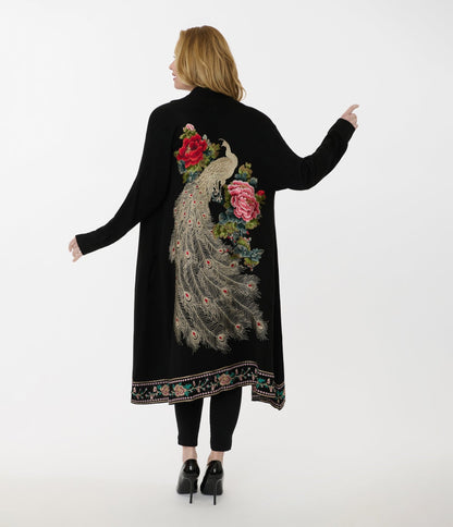 1920s Black Peacock & Roses Embroidered Knit Scarf Coat - Unique Vintage - Womens, TOPS, OUTERWEAR