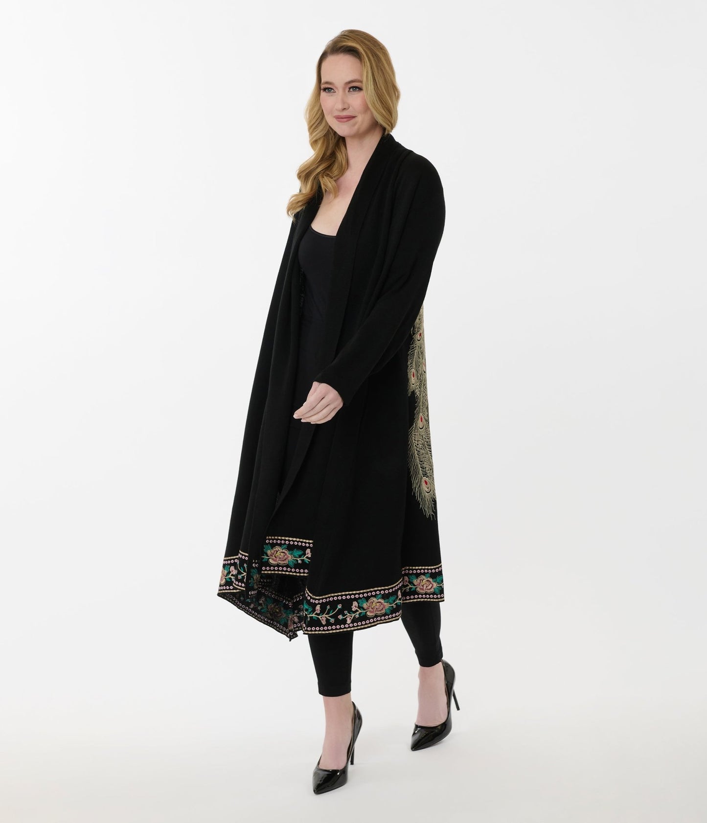 1920s Black Peacock & Roses Embroidered Knit Scarf Coat - Unique Vintage - Womens, TOPS, OUTERWEAR