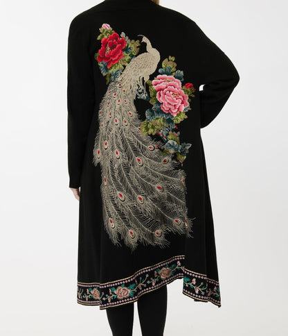 1920s Black Peacock & Roses Embroidered Knit Scarf Coat - Unique Vintage - Womens, TOPS, OUTERWEAR