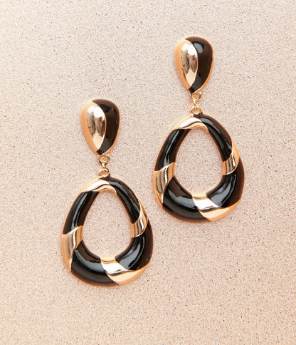 1920s Deco Black & Gold Swirl Drop Earrings - Unique Vintage - Womens, ACCESSORIES, JEWELRY