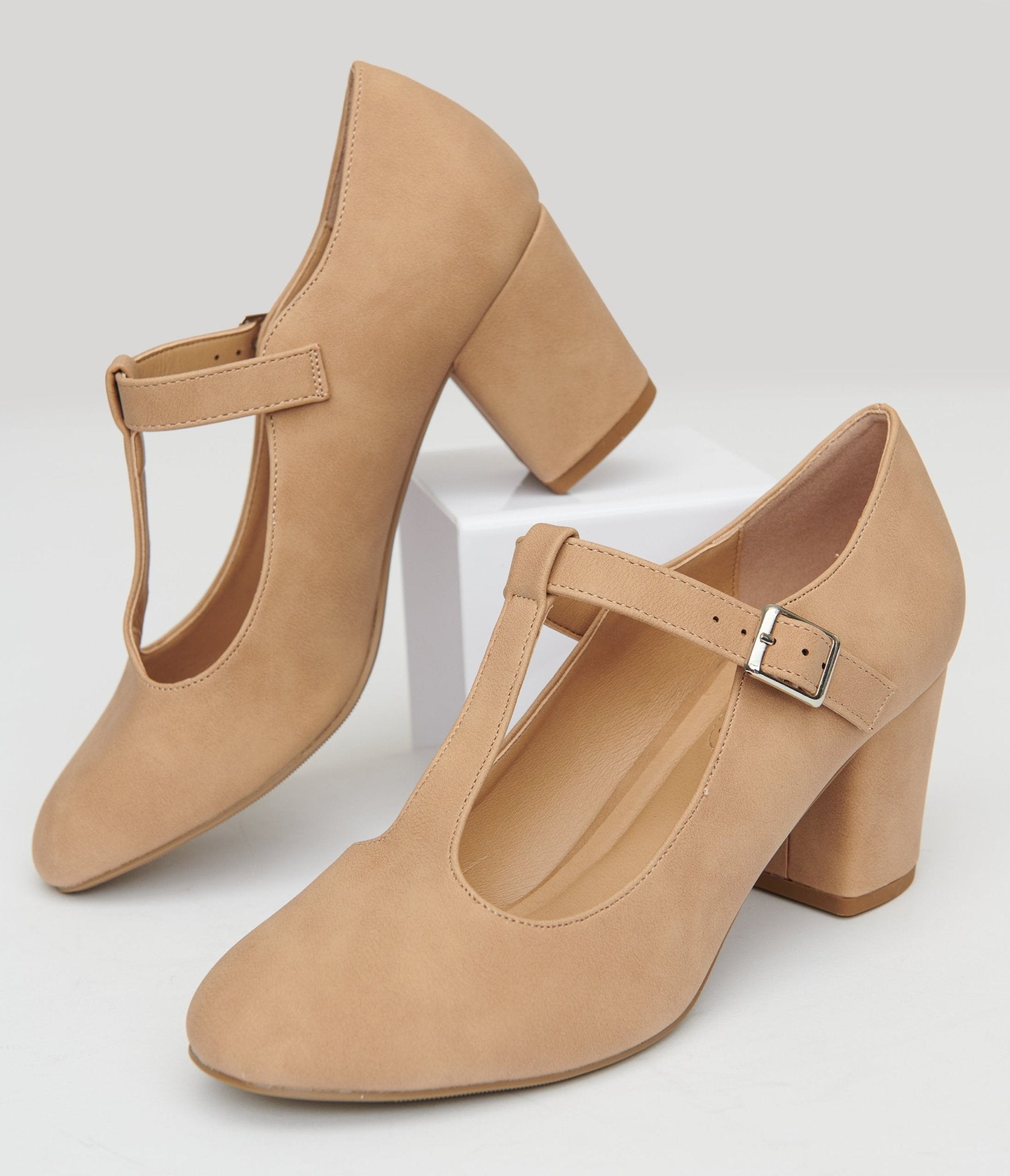 1920s Nude Suede T - Strap Mary Jane Heels - Unique Vintage - Womens, SHOES, HEELS