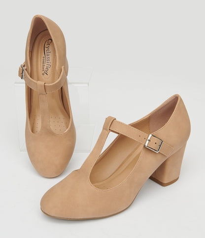 1920s Nude Suede T - Strap Mary Jane Heels - Unique Vintage - Womens, SHOES, HEELS