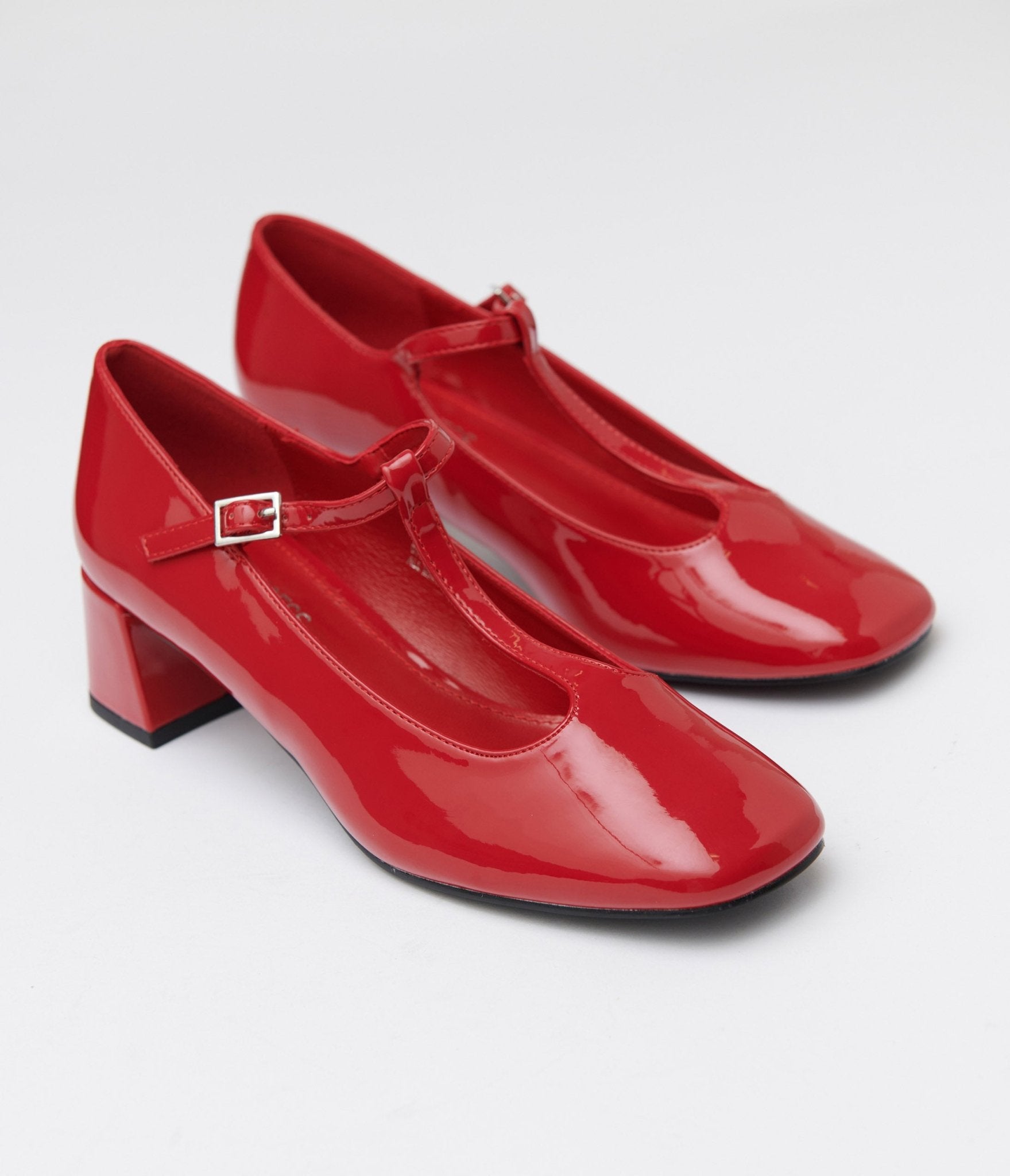 1920s Red Patent Leatherette T - Strap Heels - Unique Vintage - Womens, SHOES, HEELS