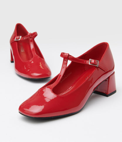 1920s Red Patent Leatherette T - Strap Heels - Unique Vintage - Womens, SHOES, HEELS