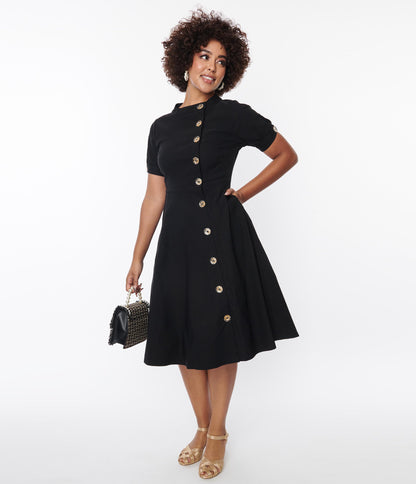 Unique Vintage Black Button Swing Dress