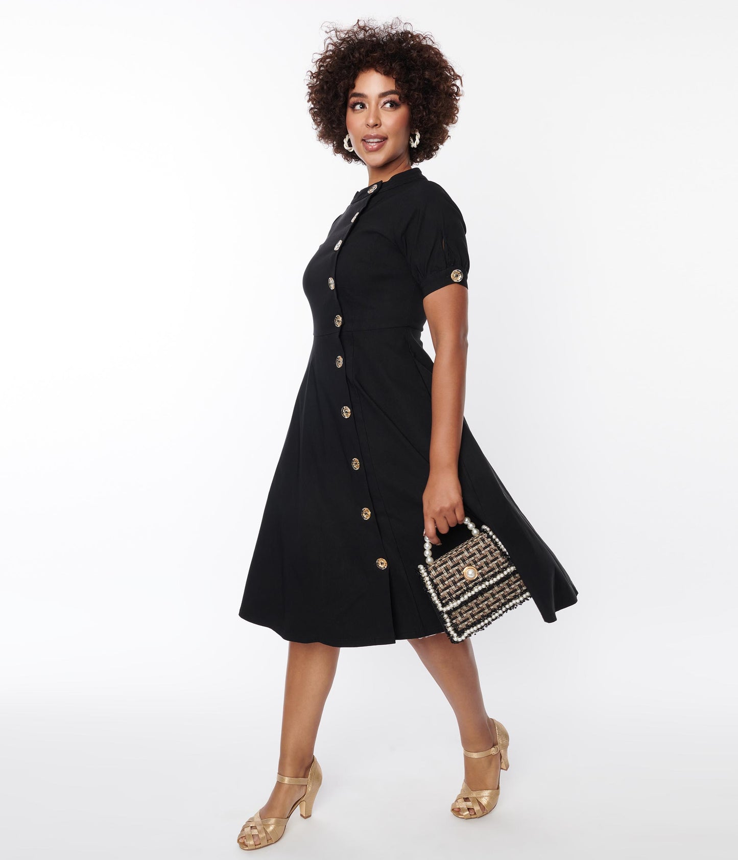 Unique Vintage Black Button Swing Dress