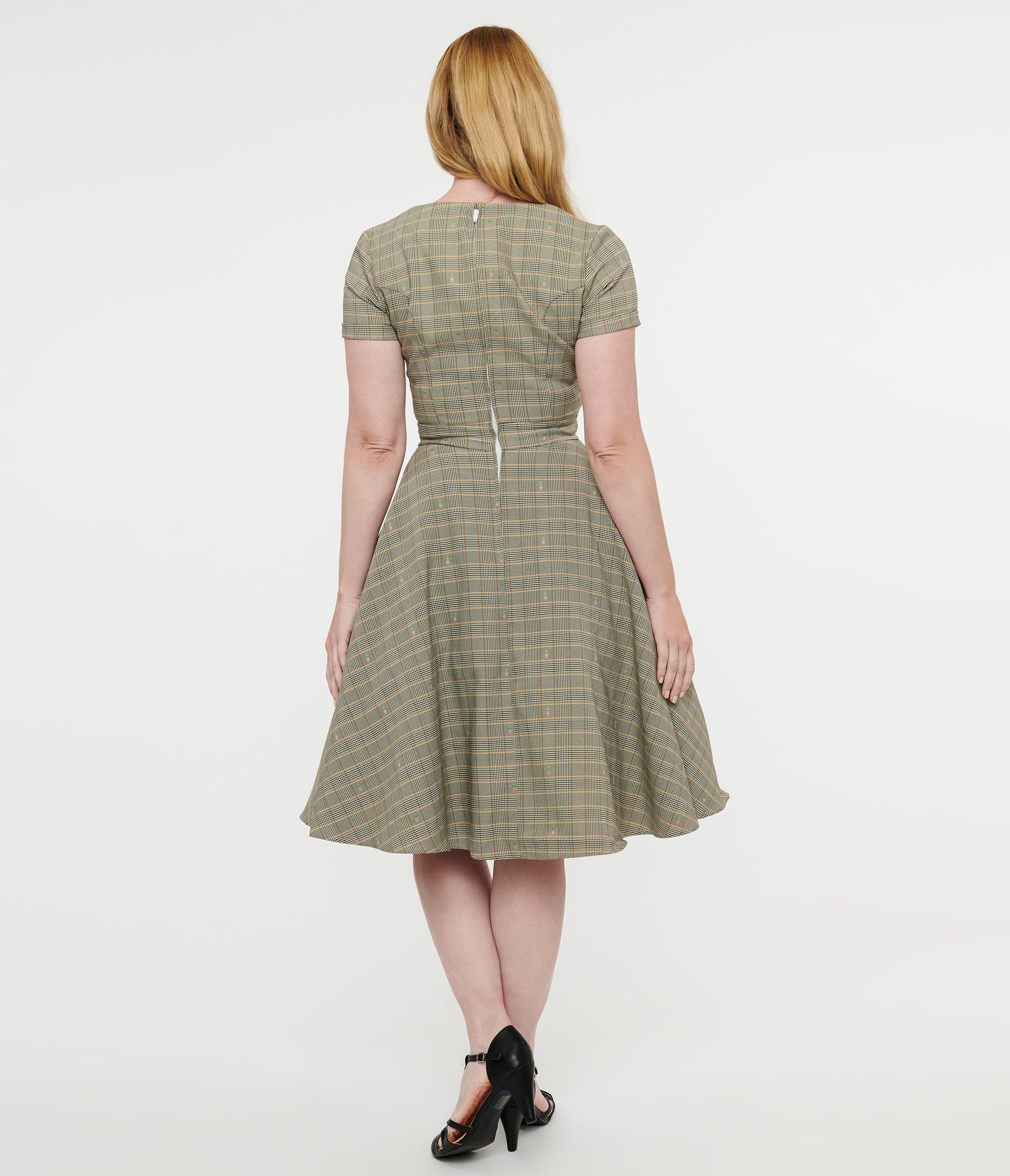 1950s Beige Plaid & Pink Floral Swing Dress - Unique Vintage - Womens, DRESSES, SWING