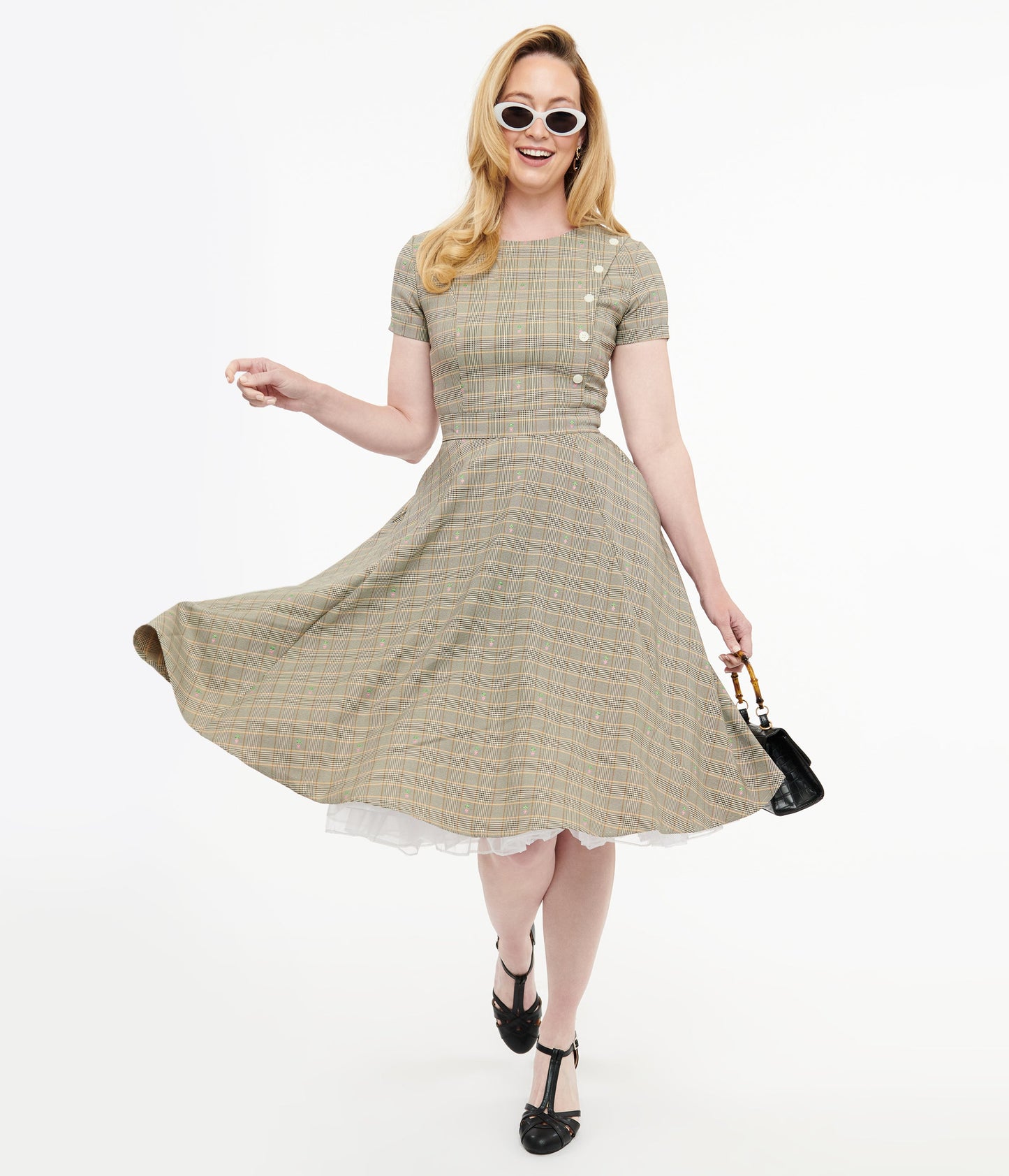 1950s Beige Plaid & Pink Floral Swing Dress - Unique Vintage - Womens, DRESSES, SWING