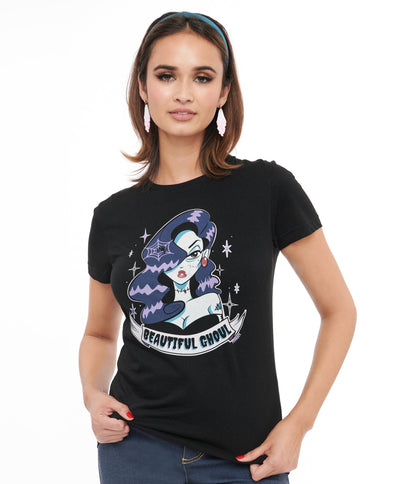 1950s Black Beautiful Ghoul Fitted Graphic Tee - Unique Vintage - Womens, HALLOWEEN, GRAPHIC TEES