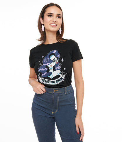 1950s Black Beautiful Ghoul Fitted Graphic Tee - Unique Vintage - Womens, HALLOWEEN, GRAPHIC TEES