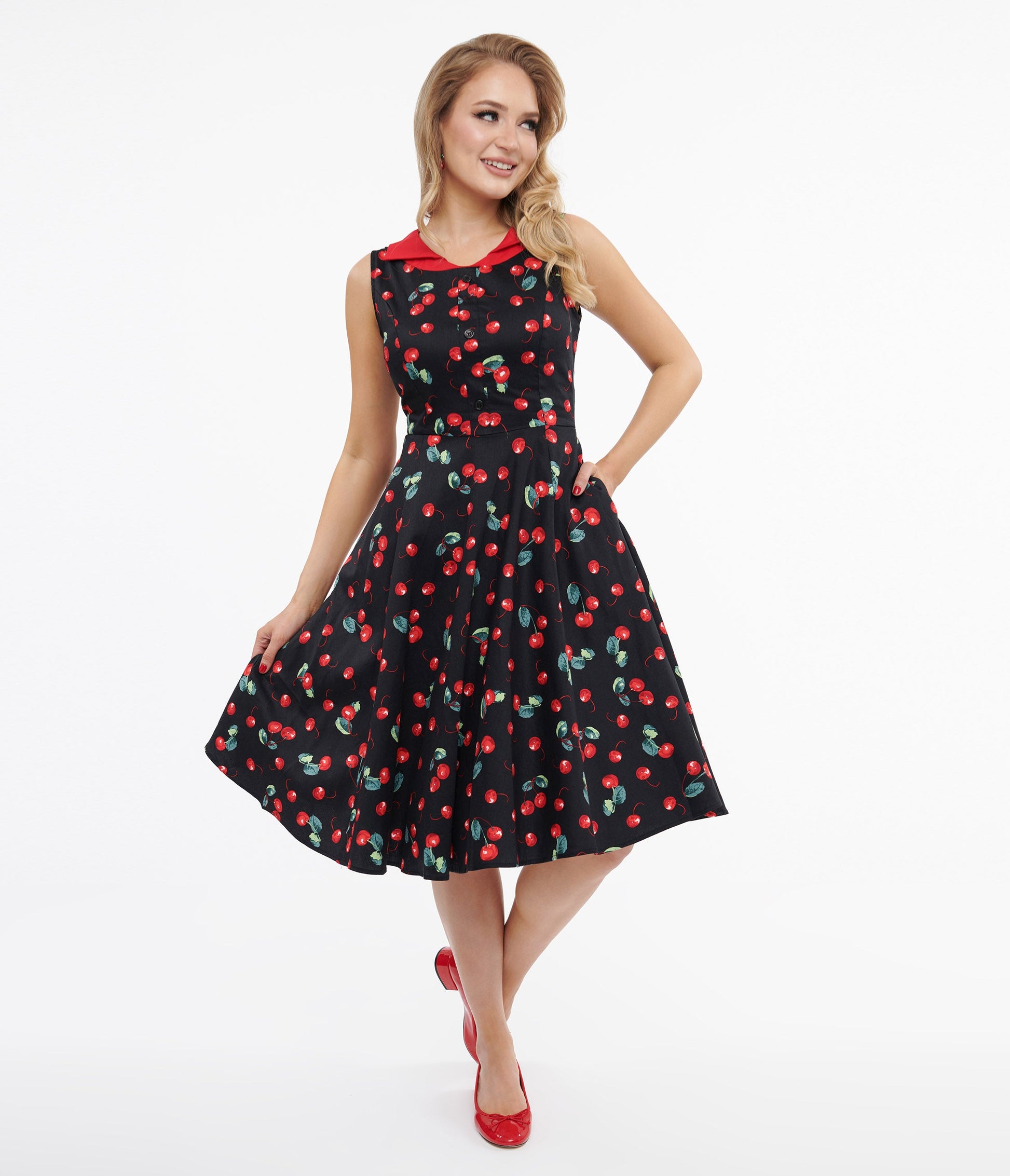 1950s Black Cherry Cotton Swing Dress - Unique Vintage - Womens, DRESSES, FIT AND FLARE