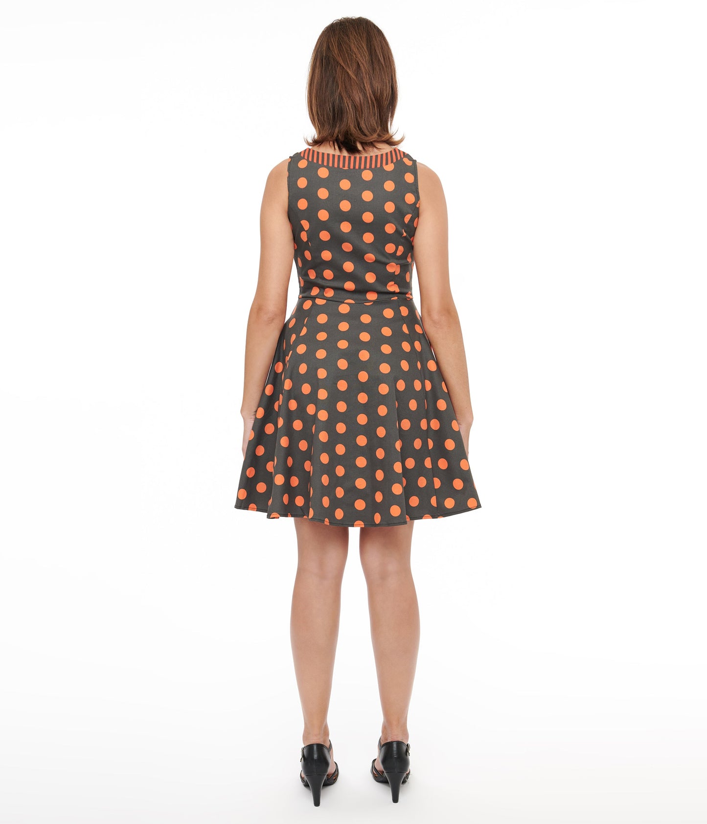 1950s Black & Orange Polka Dot Fit & Flare Dress - Unique Vintage - Womens, DRESSES, FIT AND FLARE