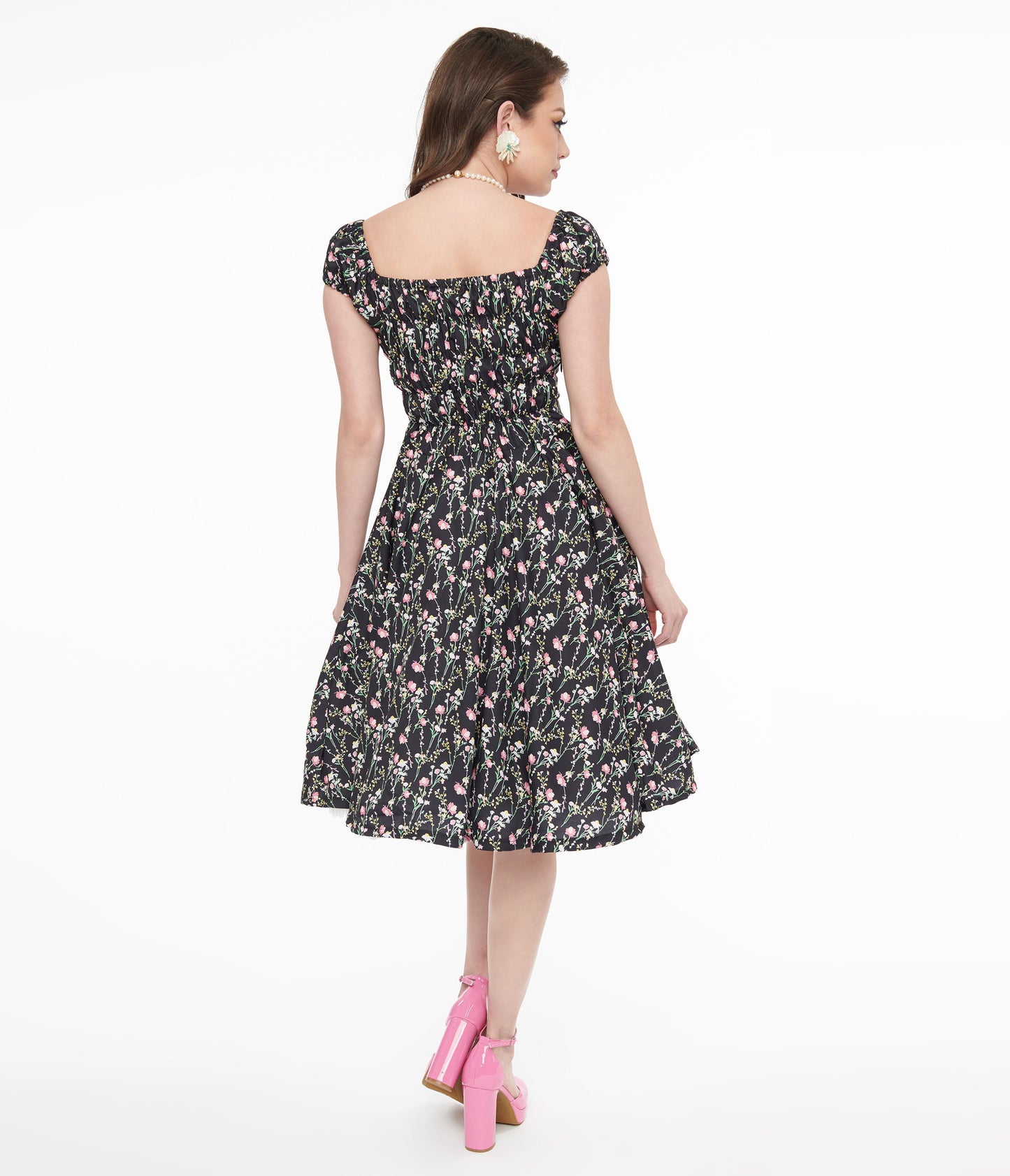 1950s Black & Pink Rose Off The Shoulder Swing Dress - Unique Vintage - Womens, DRESSES, SWING