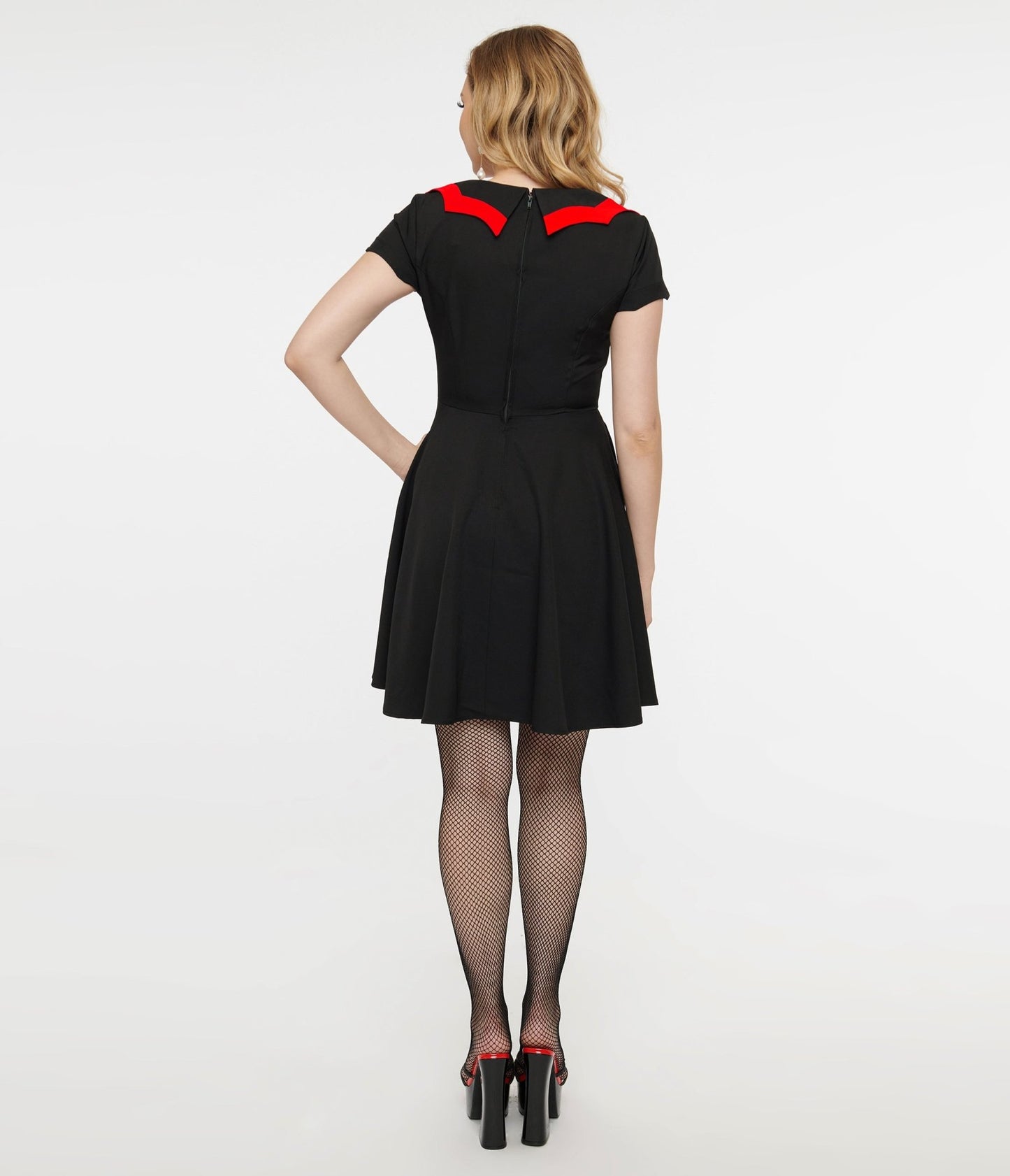 1950s Black & Red Bat Wing Collar Mini Dress - Unique Vintage - Womens, HALLOWEEN, DRESSES