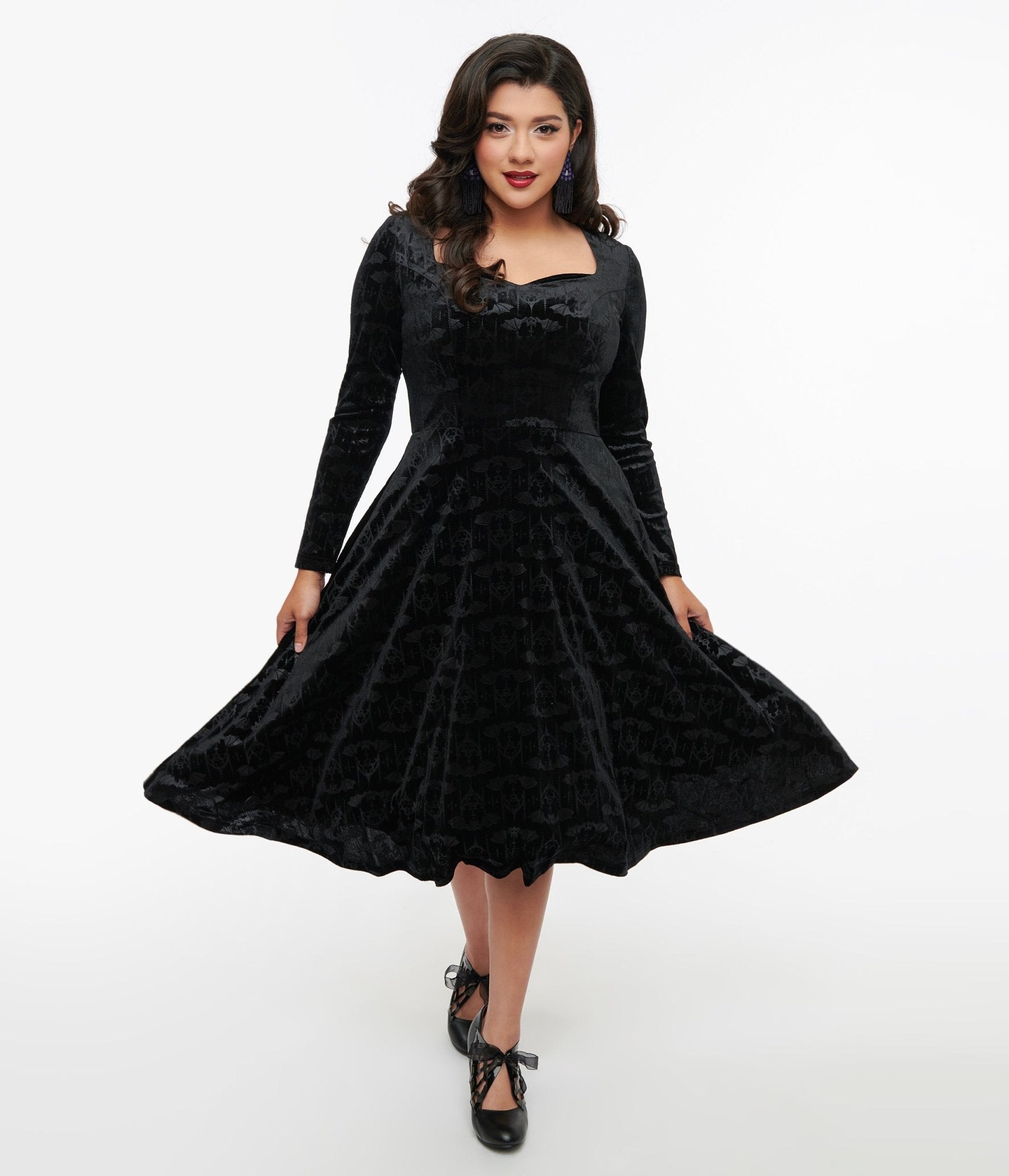 1950s Black Velvet Bat Print Fit & Flare Dress - Unique Vintage - Womens, HALLOWEEN, DRESSES