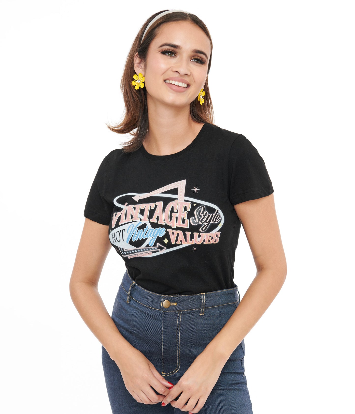 1950s Black Vintage Style Not Vintage Values Fitted Graphic Tee - Unique Vintage - Womens, GRAPHIC TEES, TEES