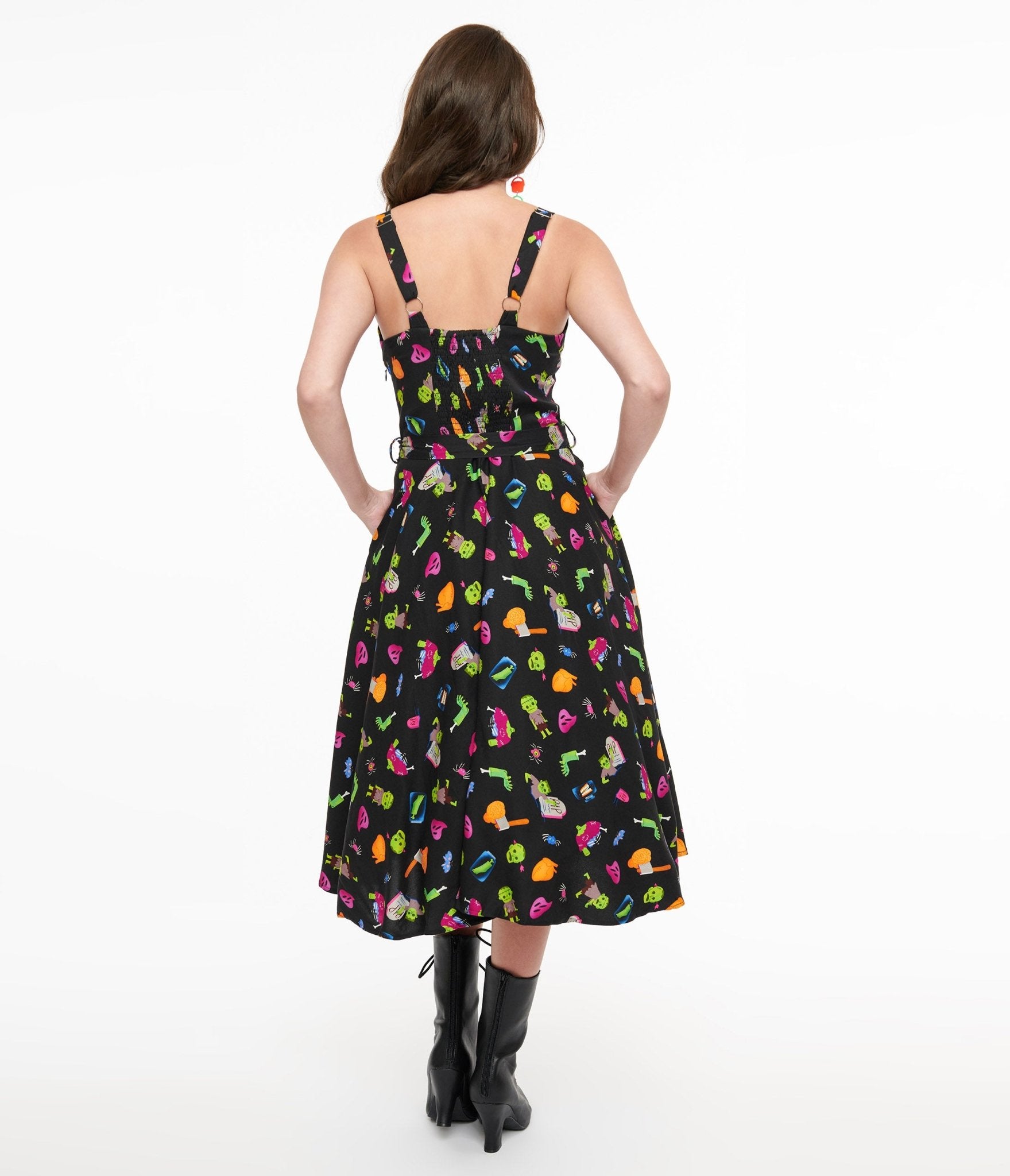 1950s Black Zombie Print Lori Swing Dress - Unique Vintage - Womens, HALLOWEEN, DRESSES