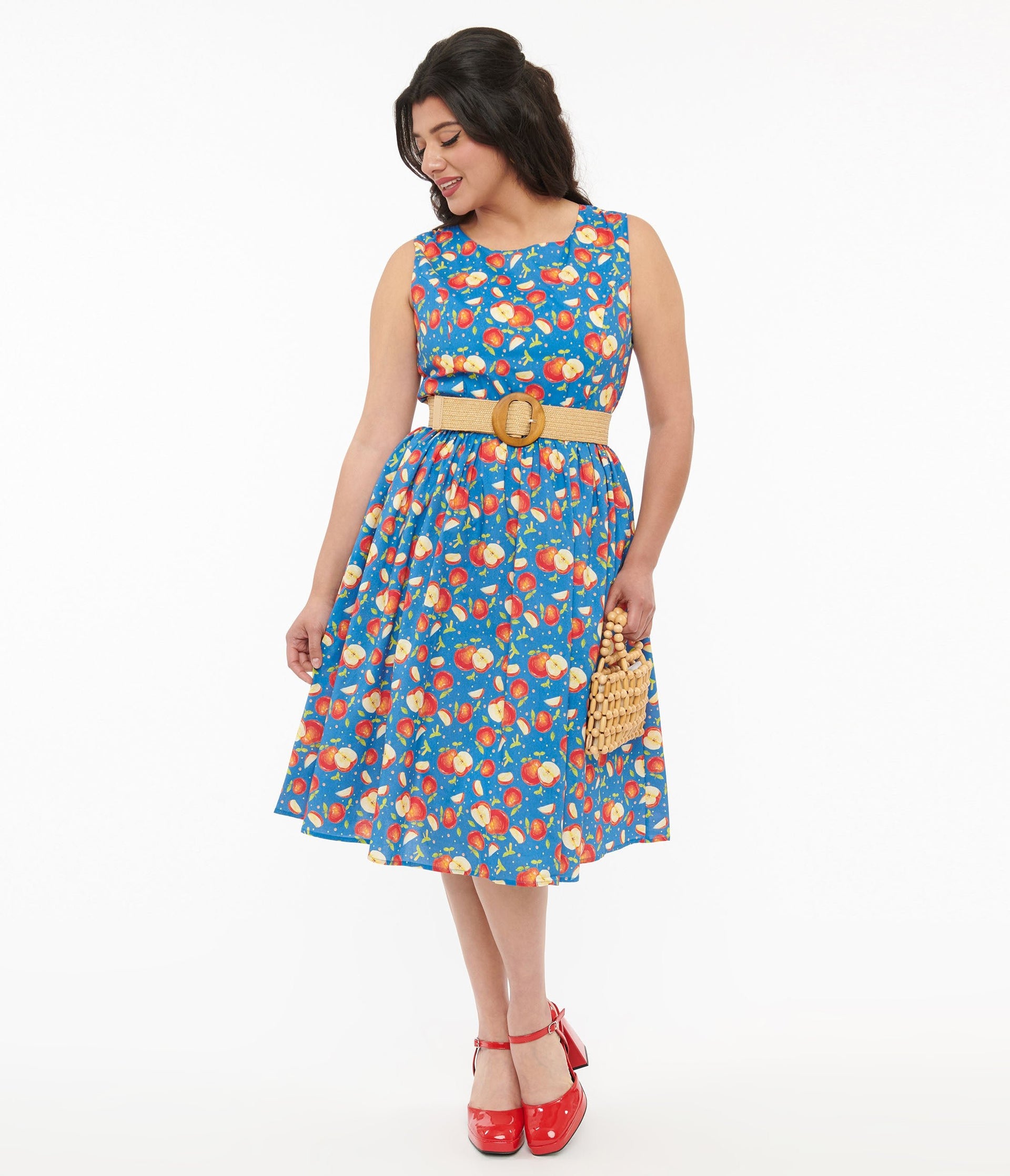 1950s Blue & Red Apple Print Cotton Swing Dress - Unique Vintage - Womens, DRESSES, FIT AND FLARE
